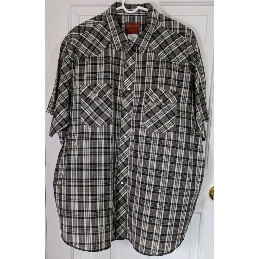VTG Rustler X-Long Tails Western Shirt Mens 2XL Black White Plaid Pearl Snap